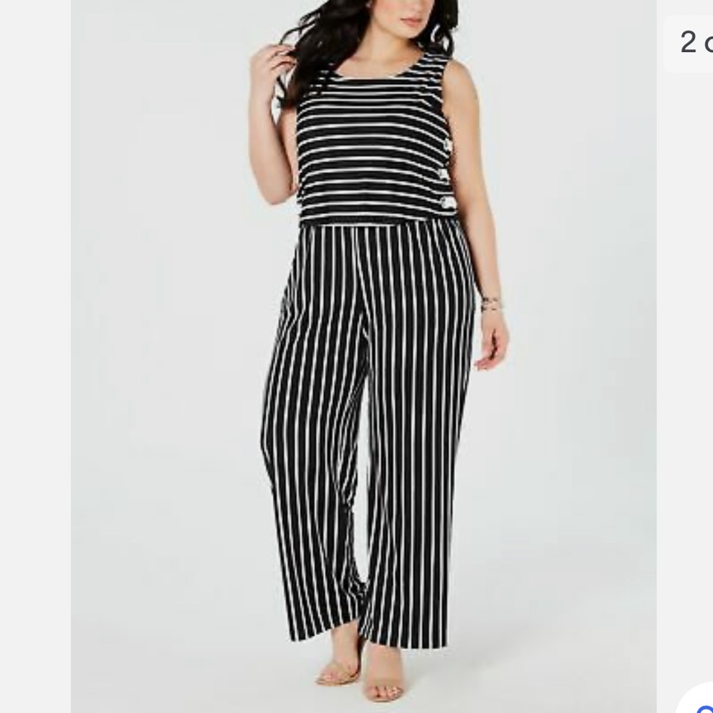 NY Collection Black White Striped Jumpsuit Side Lace Up Stretchy Sleeveless